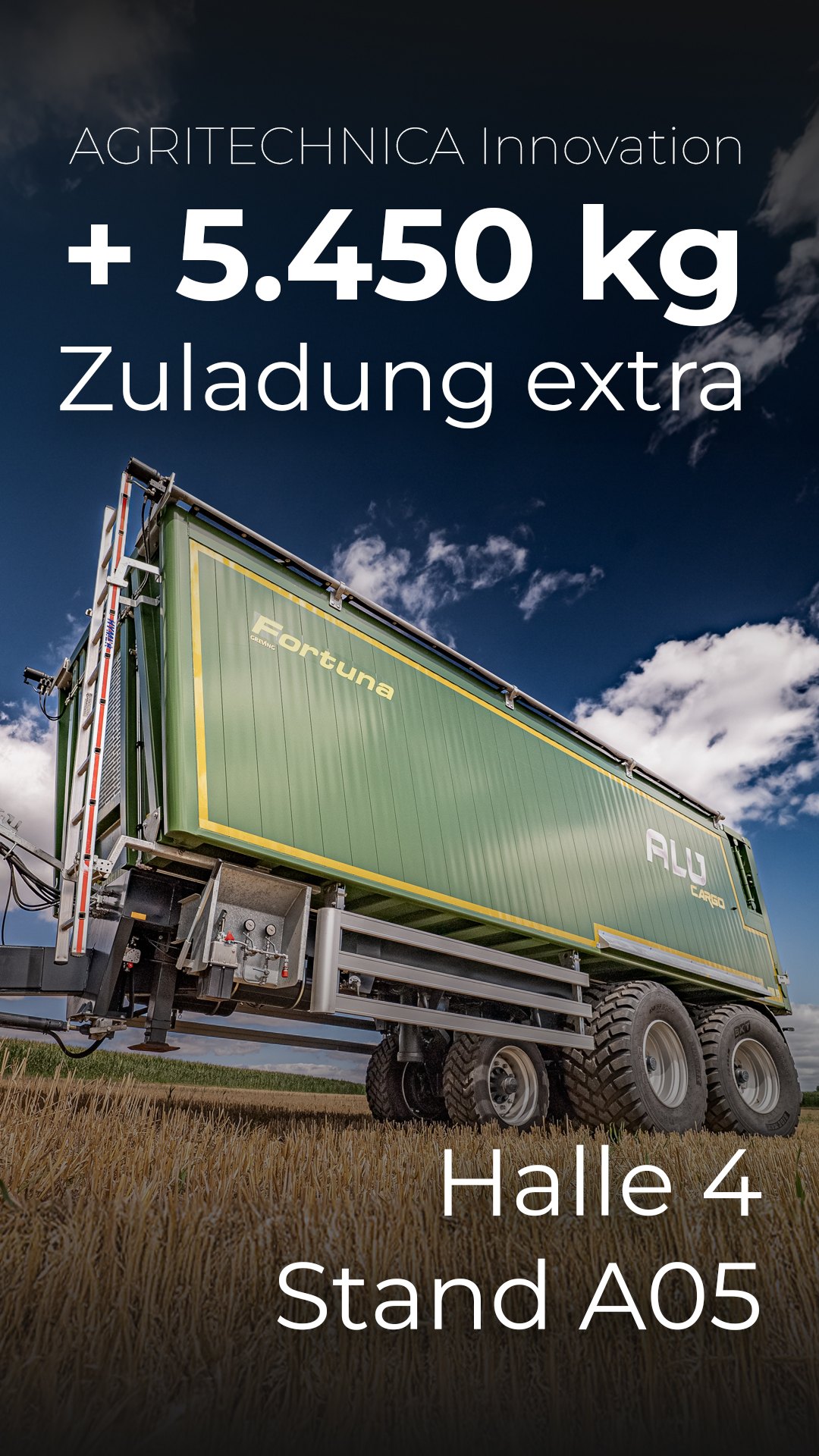 Anzeigenmotiv der Meta Ads Kampagne mit FORTUNA ALU Cargo Anhänger und Hinweis auf Halle 4, Stand A05